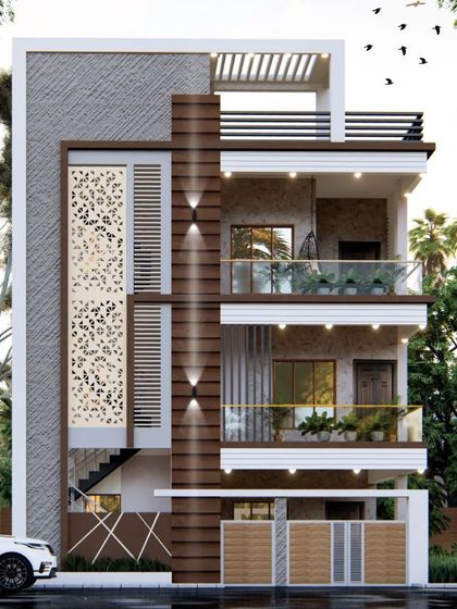 A G+2 exterior design for a Bangalore project, featuring a decorative jaali screen that extends vertically. The design uses a mix of textures, including stone cladding and wood, to create a sophisticated and modern urban home.
