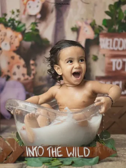 A moment of pure excitement from our little explorer during his milk bath adventure.