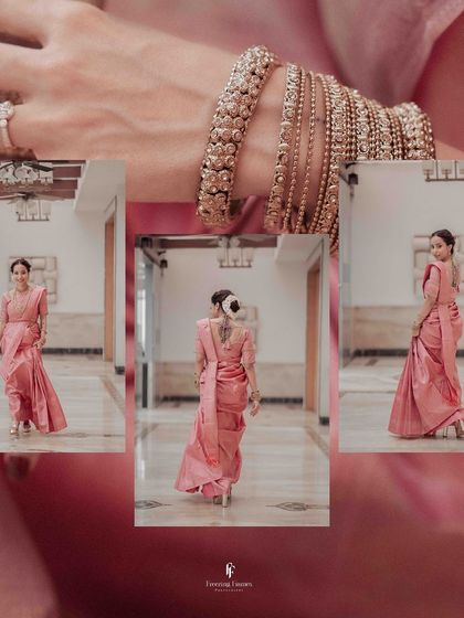 A collage showing the bride in her beautiful pink saree, capturing her full look as she walks down a corridor and close-ups of her ring and bangles.