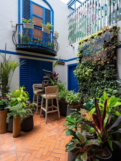 Another view of the Greek-inspired courtyard, showing the lush greenery and the contrast between the rustic brick floor and the clean white walls. It's a perfect spot for daytime relaxation.