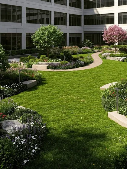 A courtyard garden for a commercial building, featuring a central lawn surrounded by rich, multi-level flower beds and stone benches. The design creates a peaceful oasis for employees or residents.