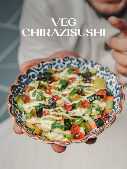 Our Veg Chirashizushi, a colorful and "scattered" bowl of assorted pickled and fresh vegetables over a bed of sushi rice.