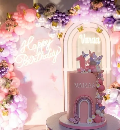 I love when my cake becomes part of the decor. This butterfly and rainbow themed cake was designed to perfectly match the client's beautiful party setup, showing how a custom dessert can tie the whole celebration together.