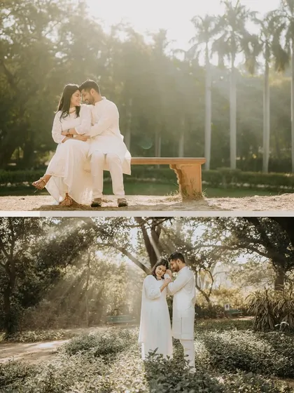 A serene and classic portrait of a couple sharing a quiet moment in a sun-drenched park. Dressed in elegant white, their connection is the focus, showcasing a timeless and simple pre-wedding style.