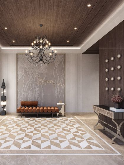 Another angle of the grand foyer concept, highlighting the contrast between the classical chandelier and the modern, sculptural light fixture on the wall.