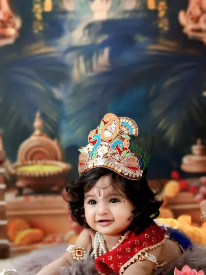 A delightful crawling pose of our baby Krishna, smiling brightly and showcasing the beautiful, detailed crown.