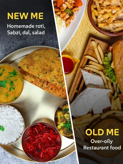 New me vs. Old me. Trading over-oily restaurant food for homemade roti, sabzi, and dal is the ultimate upgrade.