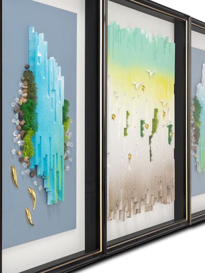A closer look at our abstract landscape shadow box reveals the intricate details, including real moss, crystals, and small golden fish accents that add to its unique, natural charm.