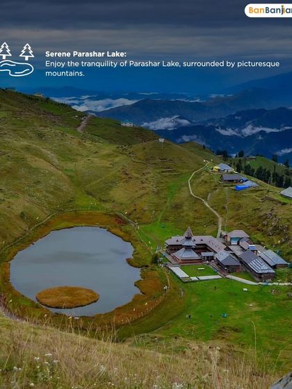 An aerial view of the serene Prashar Lake, surrounded by picturesque mountains. A perfect destination for a peaceful trek.