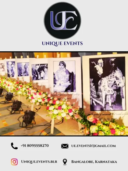 One of my signature offerings for anniversaries is the 'Memory Lane' concept. I create a beautiful gallery display of your cherished photographs, professionally lit and accented with floral decor, allowing guests to walk through your story.