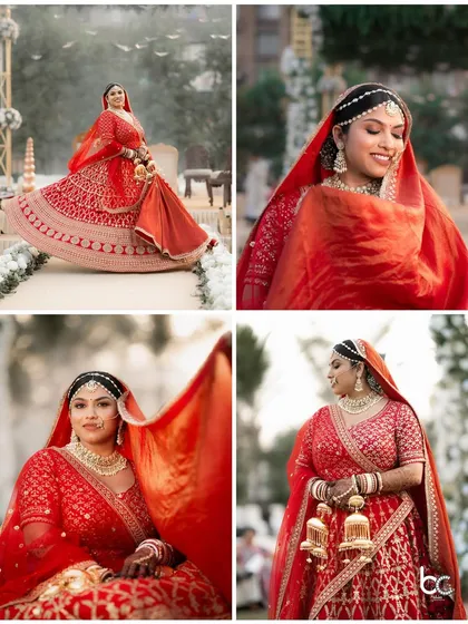 A collection of stunning bridal portraits in a classic red lehenga, capturing the bride's elegance and joy on her wedding day.