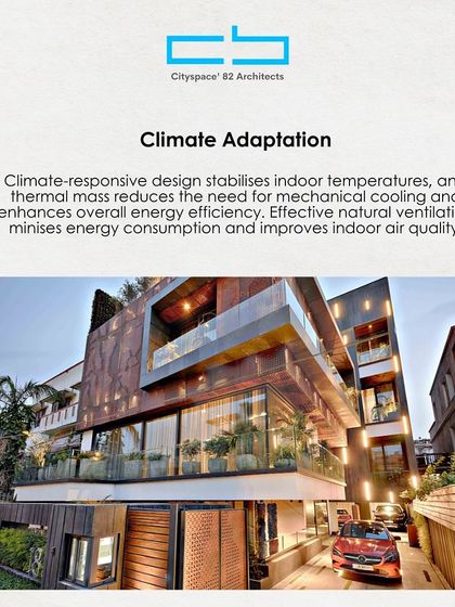 This image discusses climate adaptation in architecture. Climate-responsive design stabilizes indoor temperatures and reduces the need for mechanical cooling, enhancing overall energy efficiency and indoor air quality.