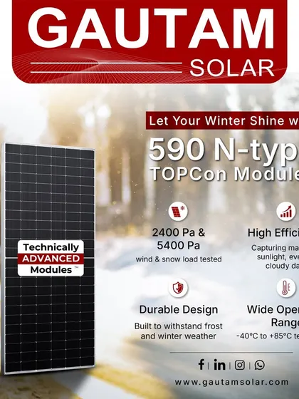 Our 590 N-Type TOPCon modules are built to perform even in harsh winter conditions. Tested to withstand wind and snow loads of 2400 Pa and 5400 Pa respectively, they operate in a wide temperature range from -40°C to +85°C.