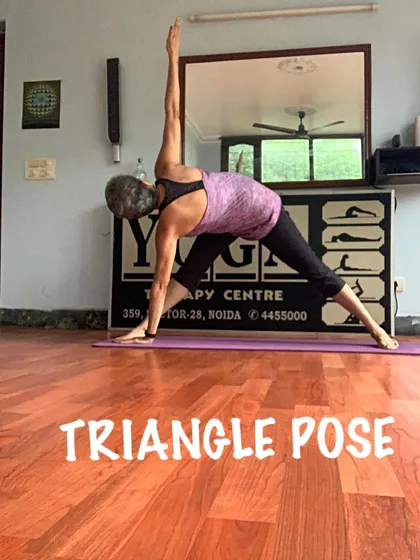 This is a perfect example of Trikonasana, a pose I teach in almost every class for its numerous benefits.