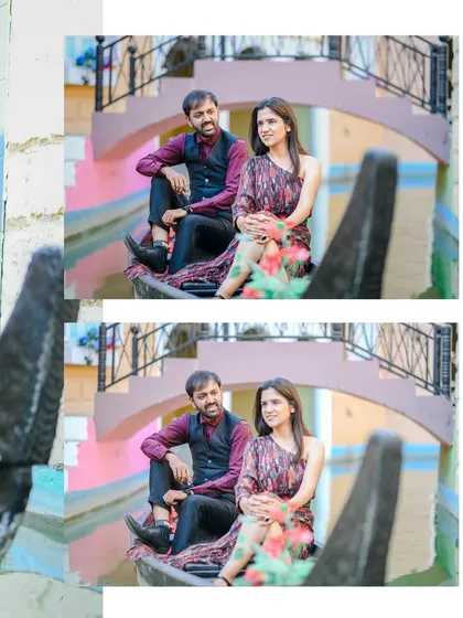 Two views of the couple in the gondola, offering different perspectives of the same romantic scene.