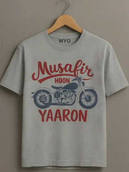 "Musafir Hoon Yaaron." A Hindi slogan t-shirt for the traveler and biker, combining a love for the road with a touch of Bollywood nostalgia.