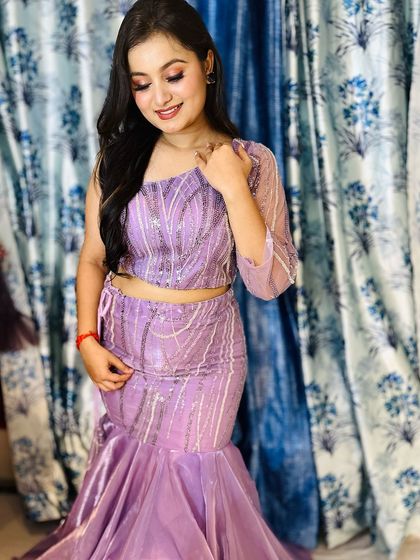 A closer look at the pretty pink sequin lehenga. The fabric has a beautiful shine, and the fit is designed to be flattering.
