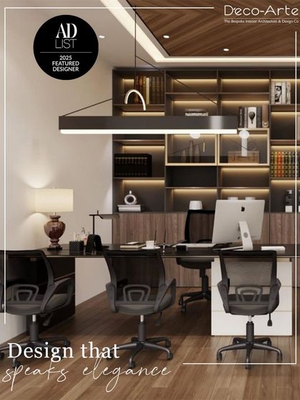 Design that speaks elegance. This workspace is elevated with contemporary design and timeless sophistication, featuring a linear light fixture and ample shelving for a clean, organized look.