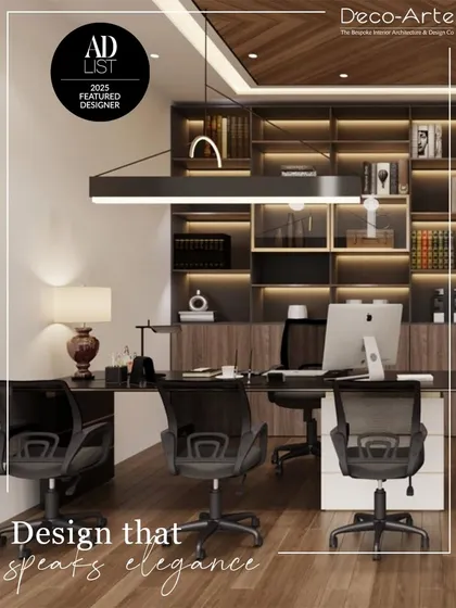 A design that speaks elegance. This workspace combines classic wood shelving with modern linear lighting and ergonomic seating, crafting an environment that is both timeless and highly functional.