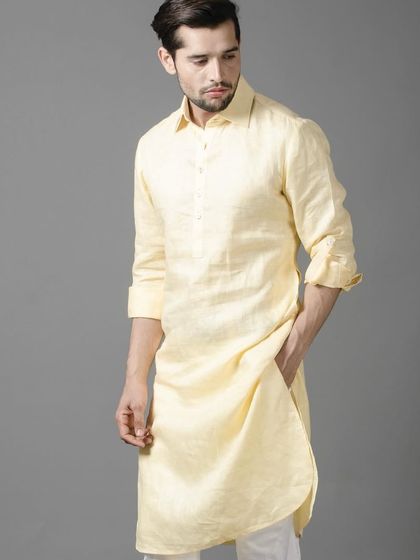This pastel yellow linen kurta is the essence of summer elegance. Crafted from light, breathable fabric, it ensures comfort without compromising on style, making it perfect for any daytime occasion.