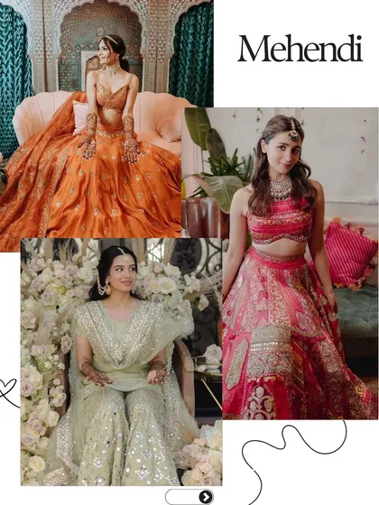 Mehendi colour palettes featuring shades of orange, pink, and sage green. These colours are vibrant, festive, and look beautiful against henna-adorned hands.