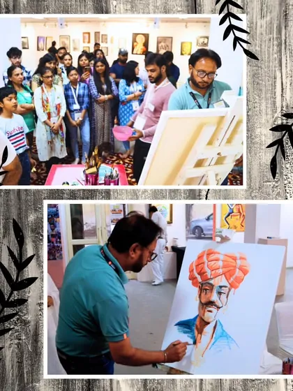 A live painting demonstration in progress at one of our art events. An artist is captured creating a portrait on canvas, drawing a crowd of curious onlookers and fellow artists, showcasing the interactive and engaging nature of our exhibitions.