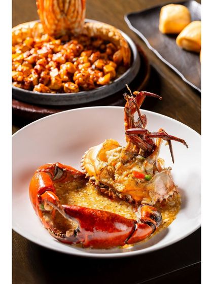 A large crab claw in a creamy sauce, a luxurious seafood dish photographed for Shang Palace.