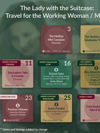 A calendar of events for the Herkey club, featuring my offline workshop in Bangalore. I am proud to collaborate with organizations that are dedicated to empowering professional women.