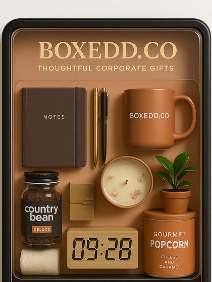 This AI concept explores a warm, earthy color palette. The terracotta-colored mug, matching notebook, and natural wood clock create a modern and inviting gift hamper.