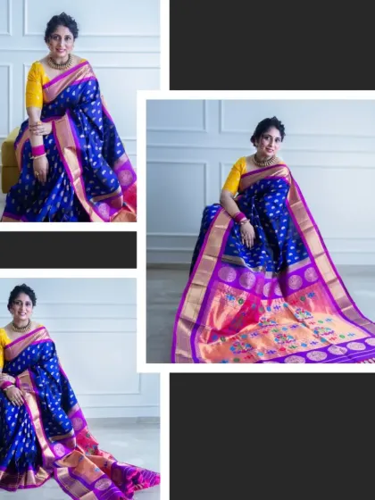 This collage captures the royal feel of a blue and pink Paithani. The seated poses allow the saree's rich fabric and intricate border to be displayed fully, perfect for product detail pages.