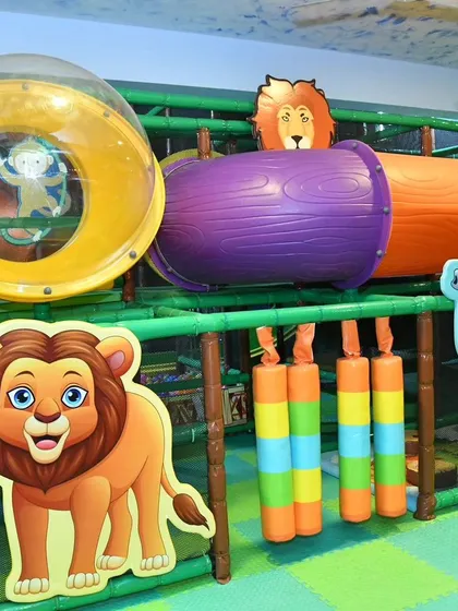 Our jungle-themed play structure is full of fun details. Kids can peek through tunnels, climb past friendly lions, and imagine they are on a real safari adventure.