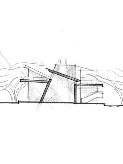 This conceptual sketch illustrates the geometric shift that defines the house's form. The roof was angled at 12 degrees to capture northern light and create an ideal surface for solar panels, blending function with design.
