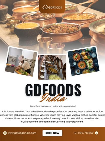 Old flavors, new flair. This graphic explains our promise to fuse traditional Indian richness with global gourmet finesse, whether you're craving royal Mughlai dishes or modern canapés.