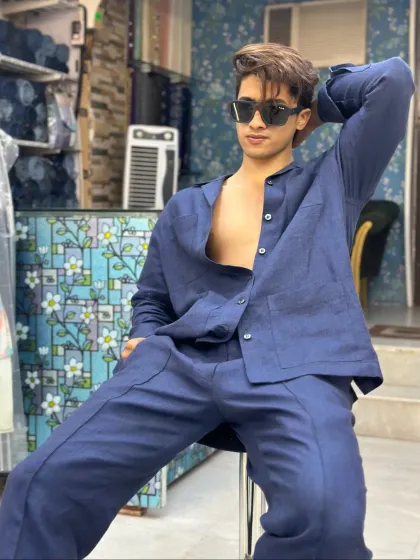 Another shot of the navy blue linen co-ord set, showcasing its relaxed and confident vibe. Perfect for summer days or a beach vacation.