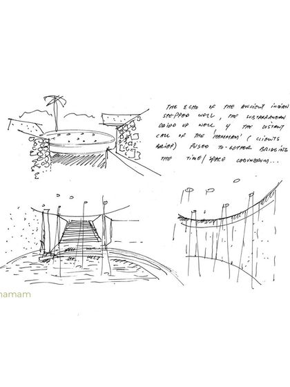 These sketches for the Hamam at K-Lagoon show the fusion of the ancient Indian stepwell and the subterranean dome of a Turkish bath. The design bridges time and place, creating a unique and contemplative space.
