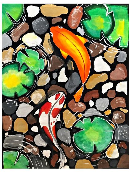 A close-up of a poster colour painting of koi fish in a pond. This advanced piece required careful planning and execution to create the sense of depth and movement.