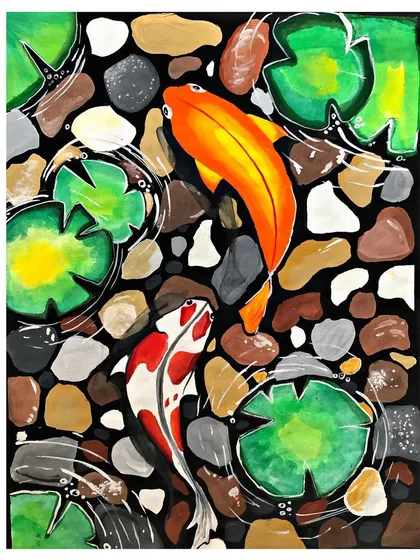 A close-up of a poster colour painting of koi fish in a pond. This advanced piece required careful planning and execution to create the sense of depth and movement.