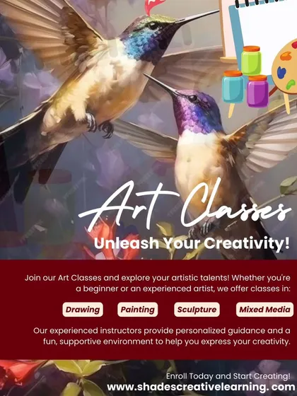 We offer a diverse range of classes to ignite your passion. This overview shows our core offerings, including Drawing, Painting, Sculpture, and Mixed Media, all taught in a fun and supportive environment.