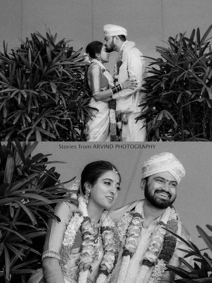A stylish black and white collage of the wedding couple, capturing both a formal portrait and a tender moment.