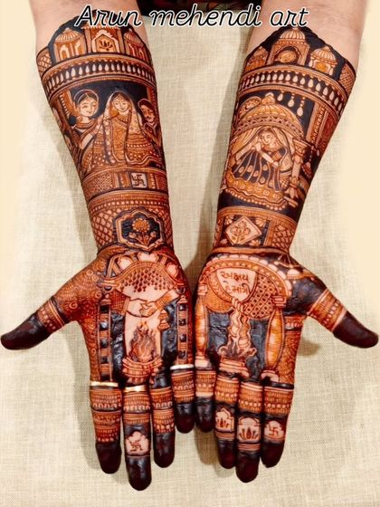 This intricate design features a havan kund for the wedding ceremony on the palms, with portraits of the couple's parents on the forearms.