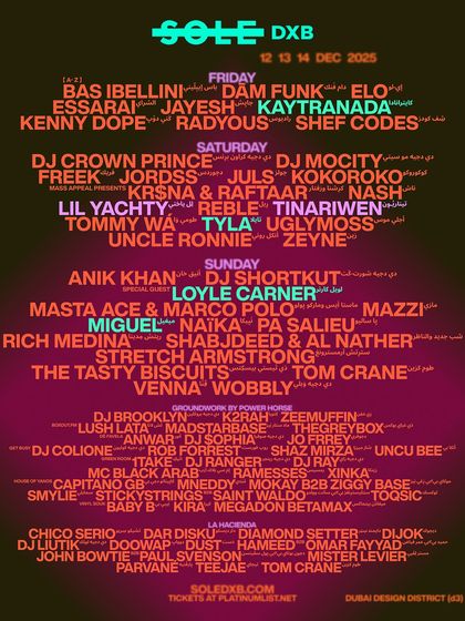The full lineup poster for Sole DXB 2025, a major street culture festival in Dubai. I curated a stage here, bringing the Boxout.fm and The264Cru sound to an international audience.