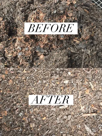 A before-and-after look at our compost. Sifting is crucial for removing large, undecomposed pieces and creating a fine, high-quality soil amendment that plants love. This is why we work so hard to get the sifter right.