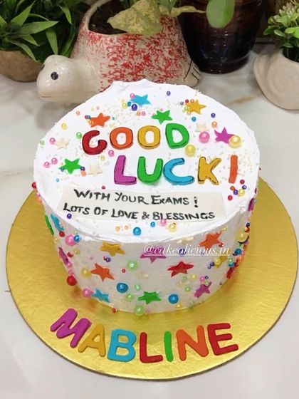 Another shot of the cheerful and encouraging "Good Luck" cake.