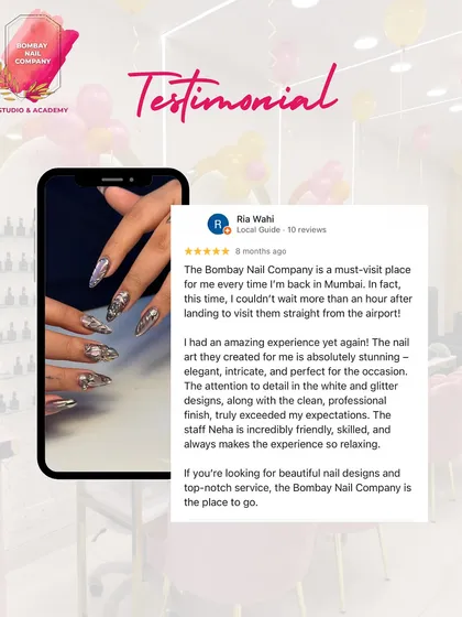 Nothing means more to us than happy clients. This review from Ria, who visits us straight from the airport, perfectly captures the experience we strive to provide: stunning, intricate nail art and a relaxing, professional service every single time.