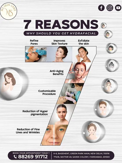 This infographic details the seven key benefits of a HydraFacial. It's a customizable, all-in-one treatment that refines pores, improves texture, exfoliates, and provides anti-aging benefits for a healthy, hydrated glow.