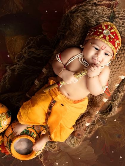 An aerial view of a baby in a Krishna costume, lying down surrounded by decorated pots. This angle provides a unique and artistic perspective.