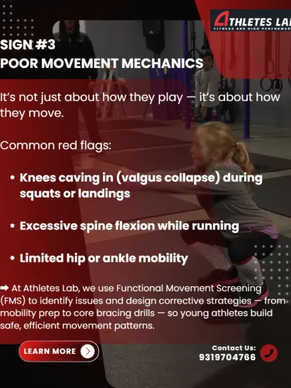 Poor movement mechanics are a red flag for future injuries in young athletes. We use Functional Movement Screening (FMS) to identify issues like knee valgus or limited mobility, allowing us to design corrective strategies that build safe and efficient movement patterns from a young age.