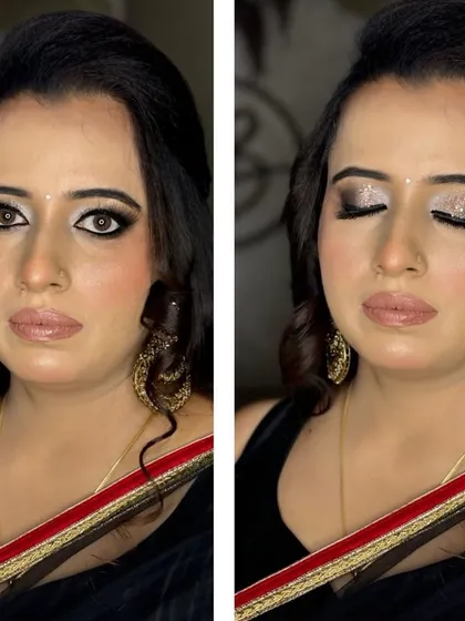 A bold and dramatic party look with a silver glitter smokey eye and a nude lip.