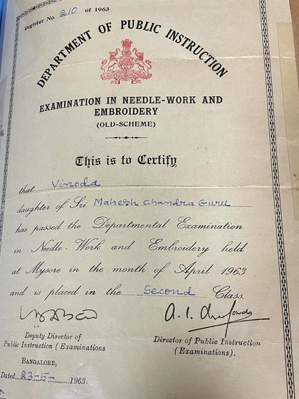 This is my mother's certificate for passing the Departmental Examination in Needle-Work and Embroidery in 1963. I am so proud of the legacy she has given me.