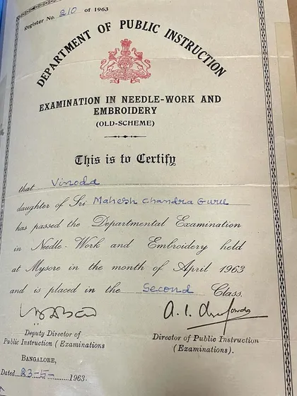 This is my mother's certificate for passing the Departmental Examination in Needle-Work and Embroidery in 1963. I am so proud of the legacy she has given me.